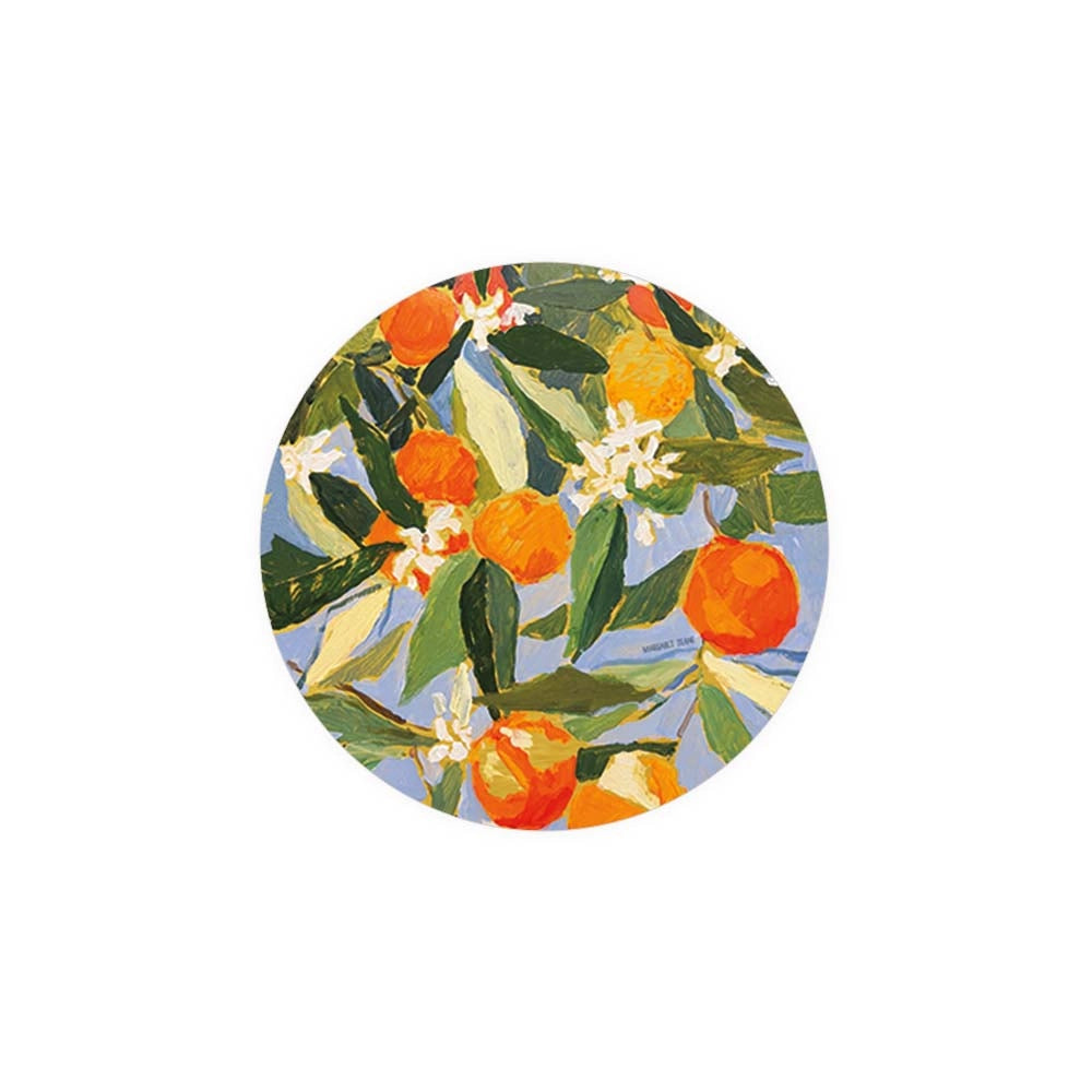 Round decorative coaster from Seedlings, featuring a vibrant orange fruit and blossom design.
