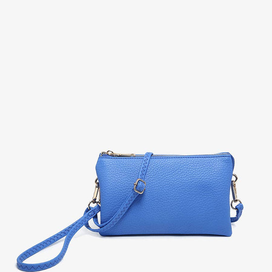 Cornflower blue crossbody wristlet by unknown vendor featuring gold hardware.
