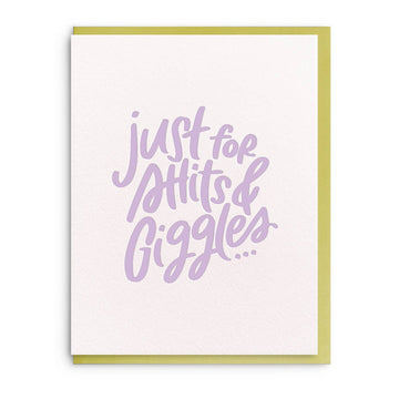Letterpress greeting card with "Just for Shits & Giggles" text, by Hester & Cook, on textured white paper with yellow-green border.

