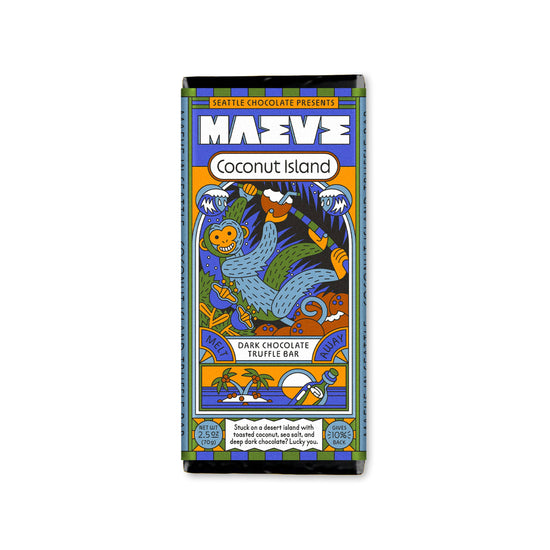 Coconut Island dark chocolate truffle bar by Seattle Chocolate with monkey and island graphic.