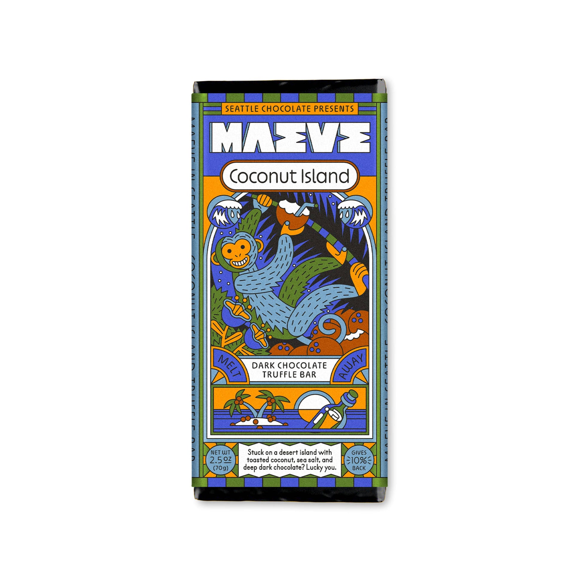 Coconut Island dark chocolate truffle bar by Seattle Chocolate with monkey and island graphic.