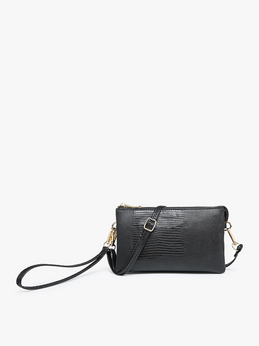 Black lizard crossbody wristlet by Gift with gold-toned hardware and detachable straps.
