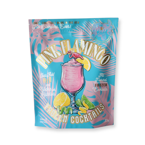 Frozen cocktail mix by Noble Mick's with a pink flamingo design on a teal bag.