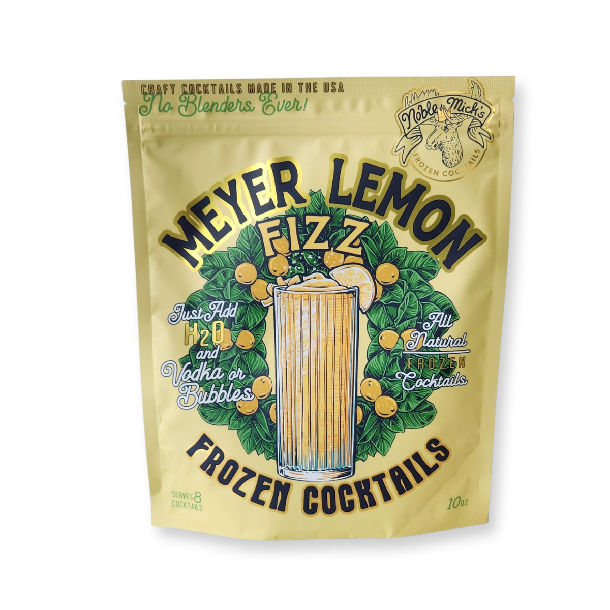 Meyer lemon frozen cocktail mix by Noble Mick's, presented in a yellow package decorated with lemons and foliage.
