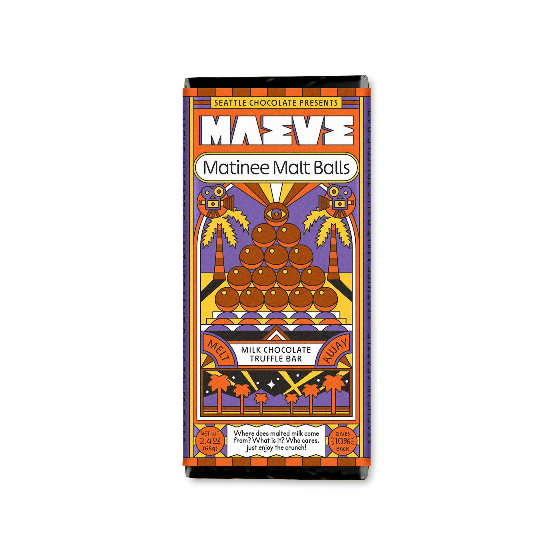 Milk chocolate truffle bar by Seattle Chocolate featuring a colorful retro design and palm tree illustrations.
