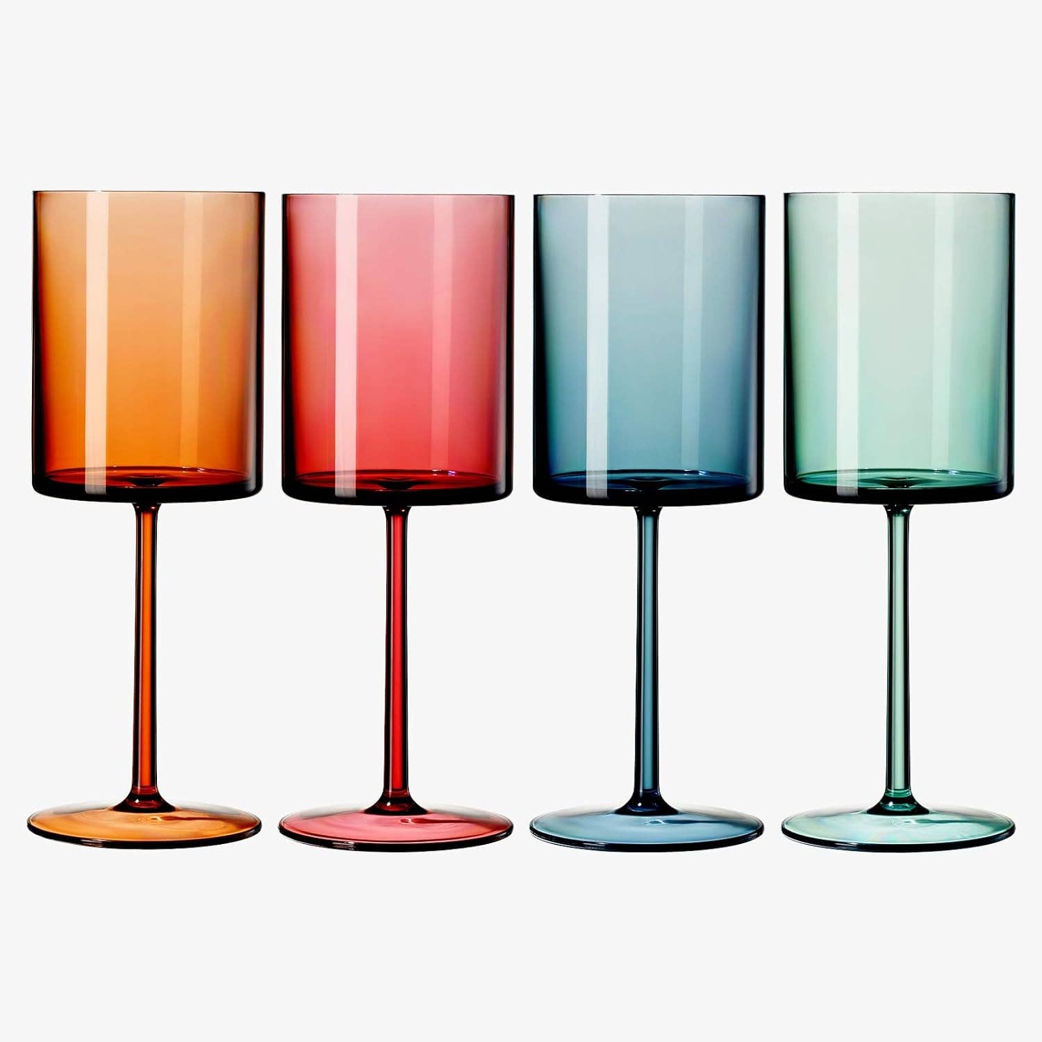 Colored acrylic square stemmed wine glasses by an unknown brand, in shades of orange, red, blue and green.