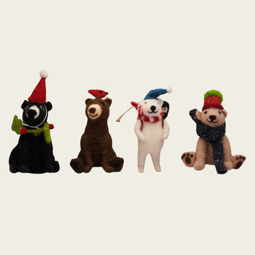 Felt bear Christmas ornaments with hats, by HomArt, featuring assorted colors and whimsical designs.