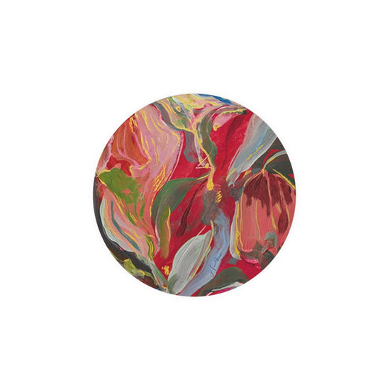 Floral patterned coaster by Seedlings, in a circular shape with an abstract painting style.