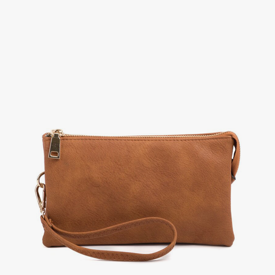 Brown vegan leather wristlet by an unknown brand with a gold zipper closure.