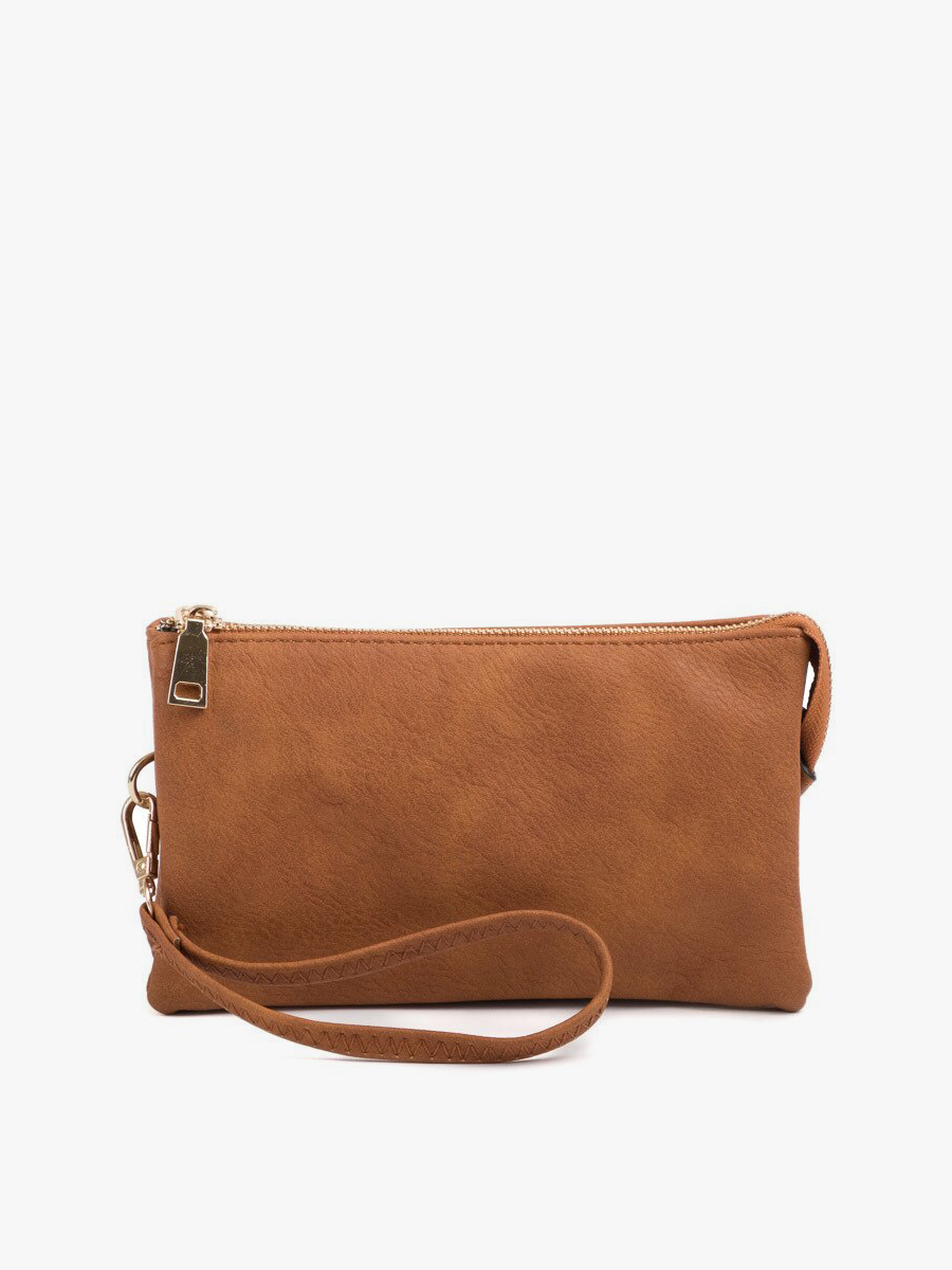 Brown vegan leather wristlet by an unknown brand with a gold zipper closure.