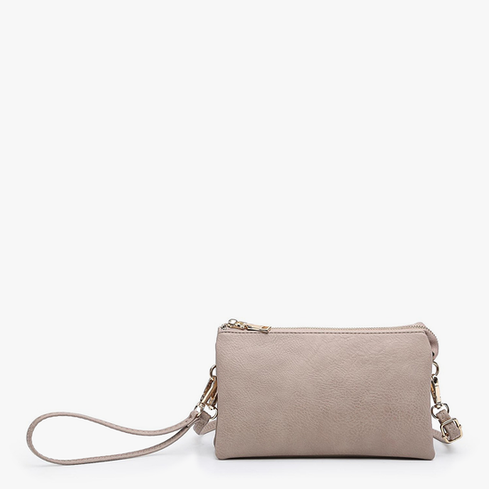 Dark pink crossbody wristlet with gold-tone hardware.