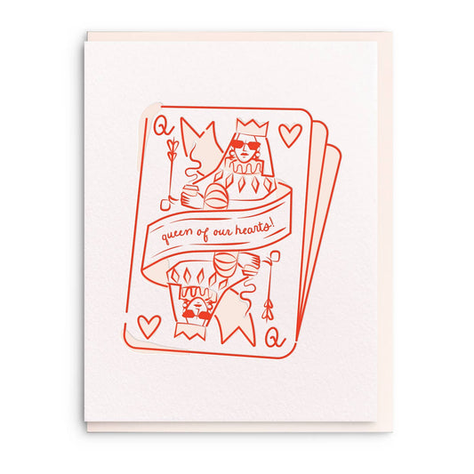 Mother's Day greeting card featuring a "Queen of Hearts" design, letterpressed with red ink.

