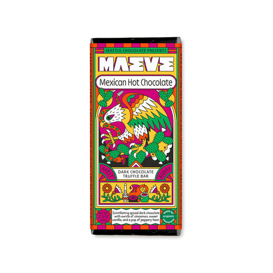 Mexican hot chocolate truffle bar by Seattle Chocolate with colorful, patterned packaging displaying a snake and eagle design.