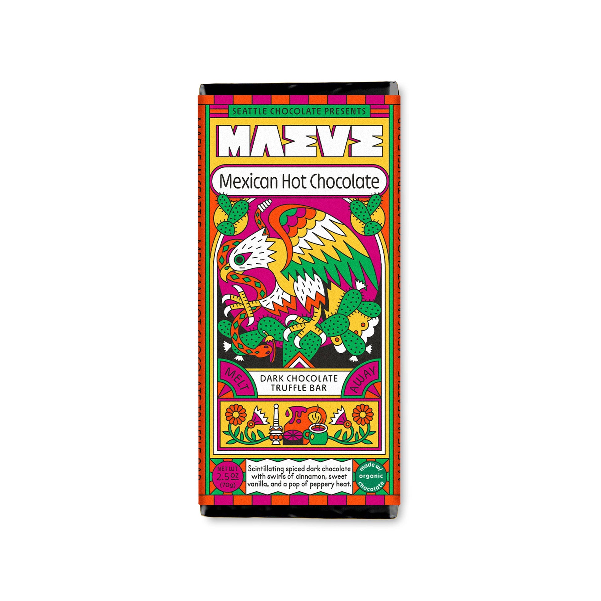 Mexican hot chocolate truffle bar by Seattle Chocolate with colorful, patterned packaging displaying a snake and eagle design.