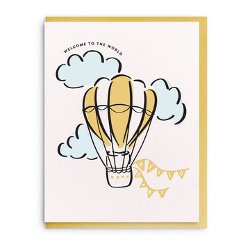 Letterpress baby greeting card with a hot air balloon and bunting, saying "Hello Baby".