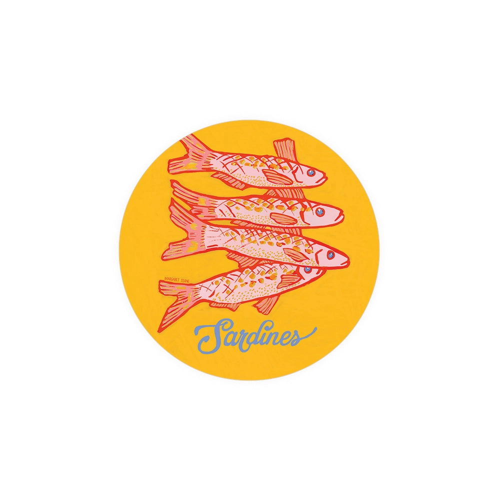 Sardine-themed coasters by Margaret Tlane on a yellow background with blue “Sardines” script.