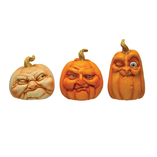 5-1/4"H - 7"H Resin Pumpkin w/ Face, Orange Color, 3 Styles