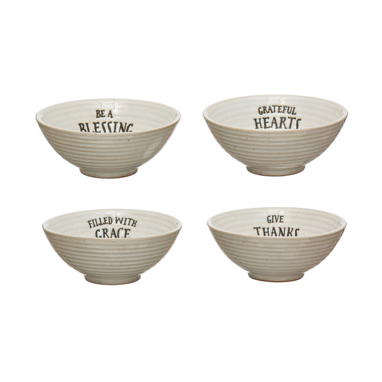 4" Round x 1-1/2"H Stoneware Bowl w/ Stamped Saying, Cream Color, 4 Styles