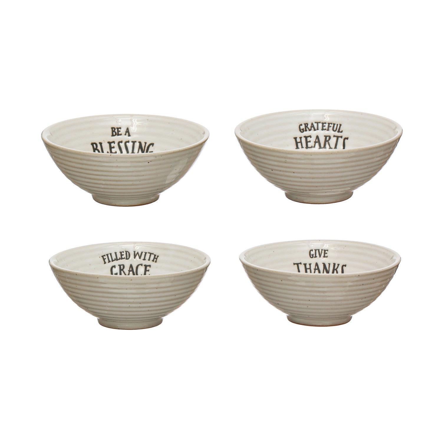 4" Round x 1-1/2"H Stoneware Bowl w/ Stamped Saying, Cream Color, 4 Styles