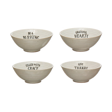 4" Round x 1-1/2"H Stoneware Bowl w/ Stamped Saying, Cream Color, 4 Styles