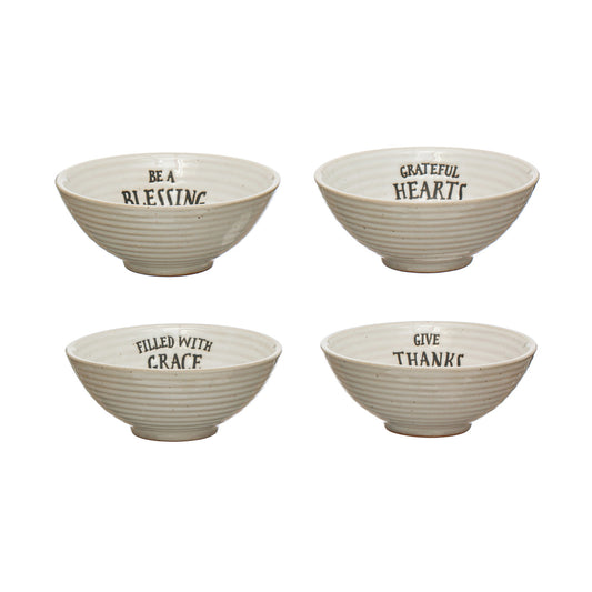 4" Round x 1-1/2"H Stoneware Bowl w/ Stamped Saying, Cream Color, 4 Styles