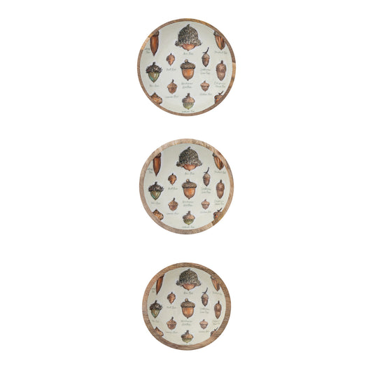 Enameled Mango Wood Bowls with Acorn Pattern, Set of 3 ©