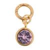 Gold gemstone charm with a purple jewel, textured metal and hanging loop.