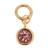 Pink gemstone charm with gold trim, featuring a circular link for attachment.
