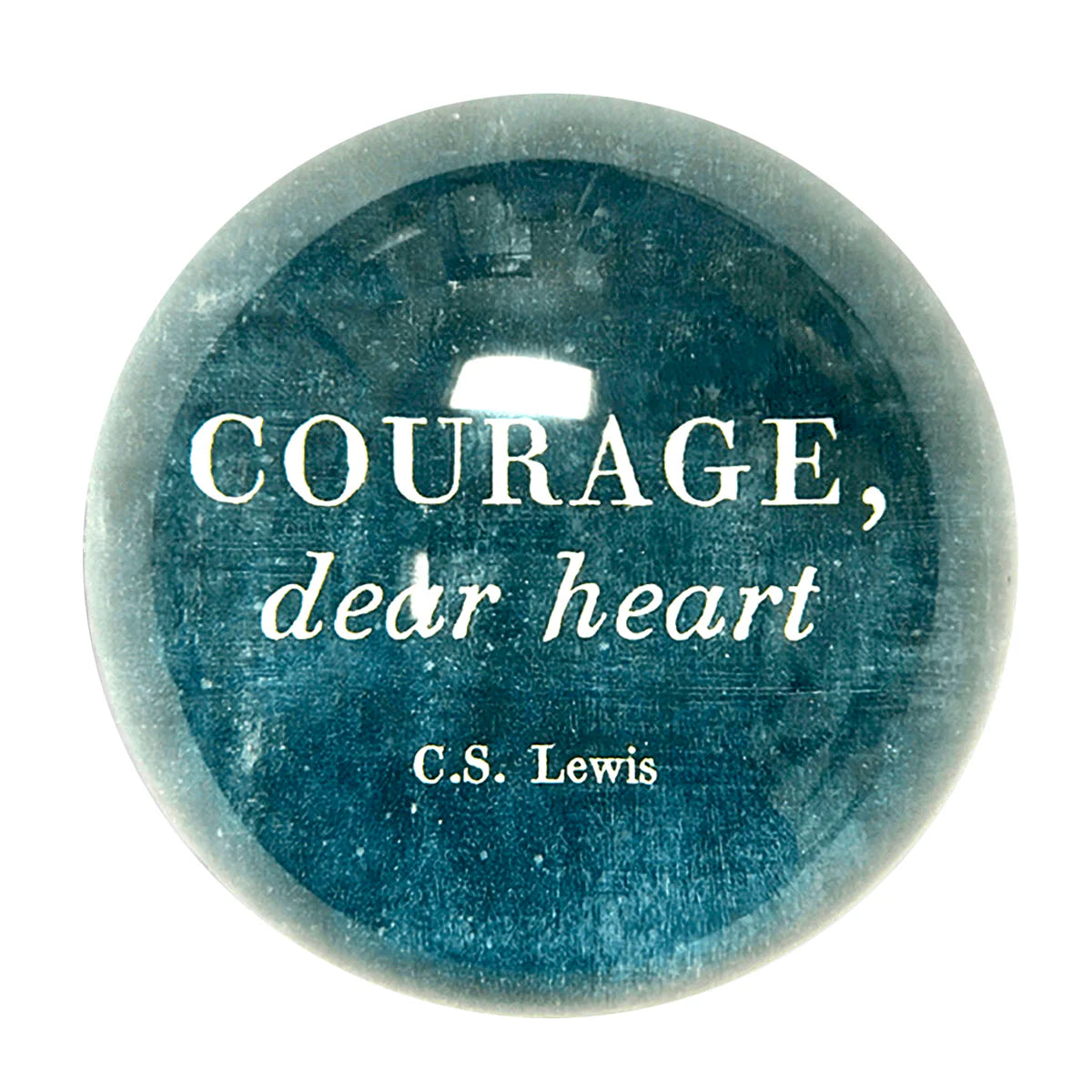 Blue paperweight with quote by C.S. Lewis features a glossy, rounded finish.