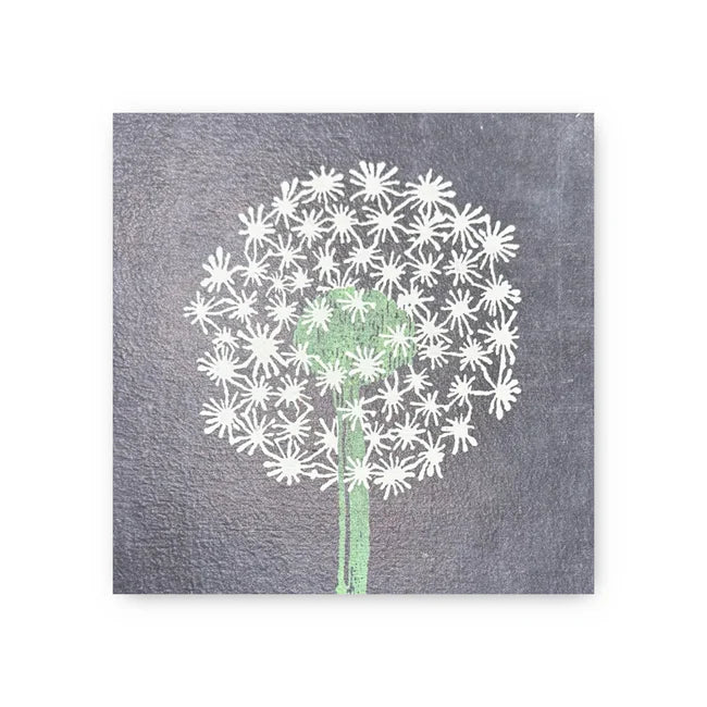 Square art tile by Art Tile Collection with a white dandelion design on a gray textured background.