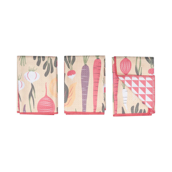 Set of three tan reversible Mighty Mini towels by HJ Rooted, featuring vegetable prints and a pink and white checkered pattern.