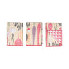 Set of three tan reversible Mighty Mini towels by HJ Rooted, featuring vegetable prints and a pink and white checkered pattern.