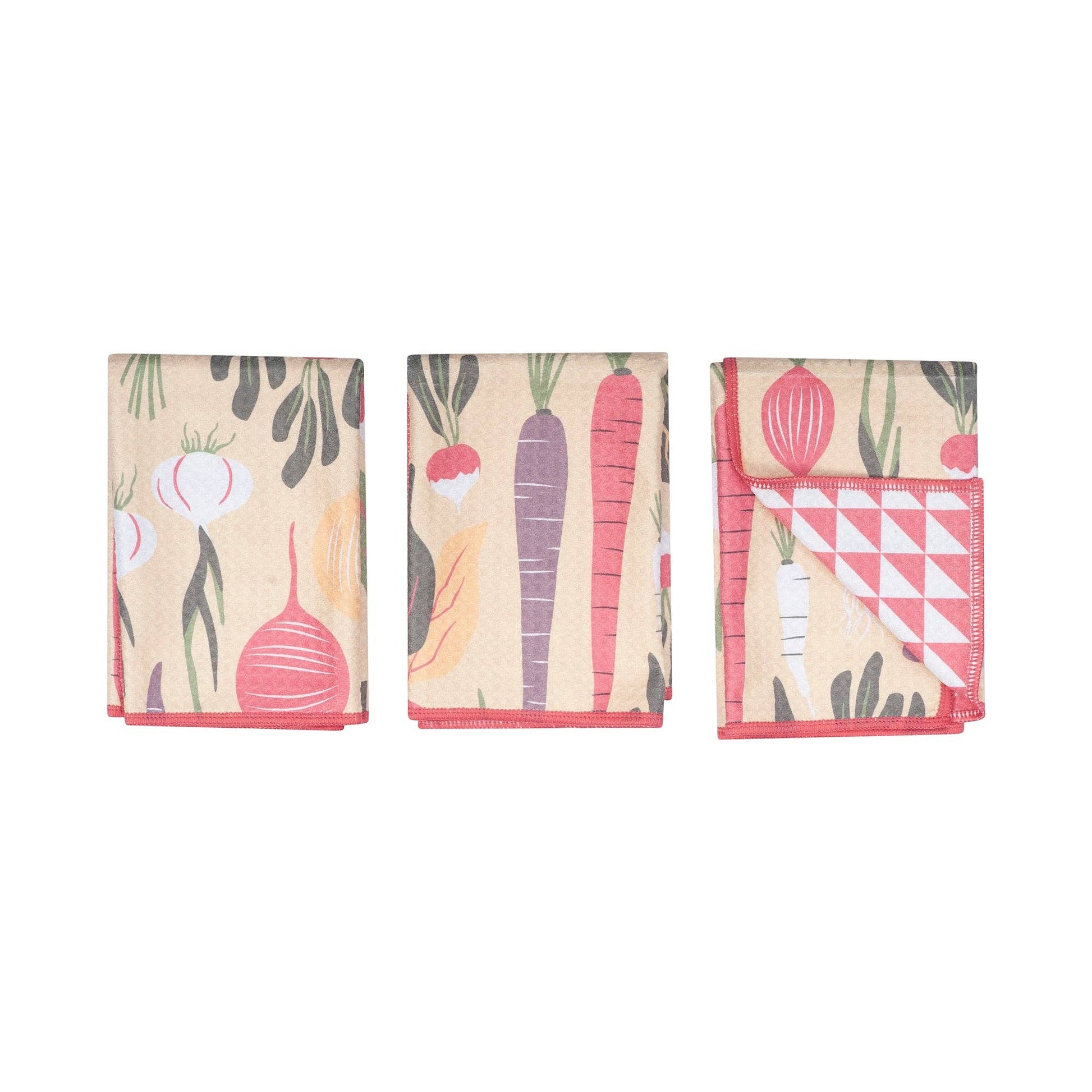 Set of three tan reversible Mighty Mini towels by HJ Rooted, featuring vegetable prints and a pink and white checkered pattern.