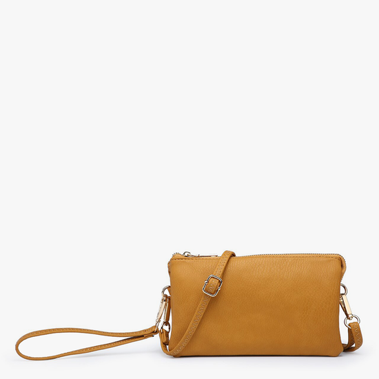 Mustard-colored crossbody wristlet for gifts with silver hardware and textured surface.