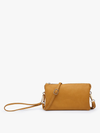 Mustard-colored crossbody wristlet for gifts with silver hardware and textured surface.