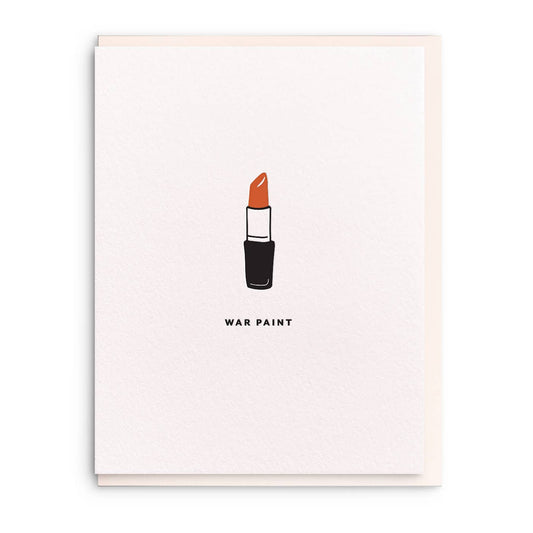 Letterpress greeting card with lipstick illustration and "War Paint" text, on textured paper.