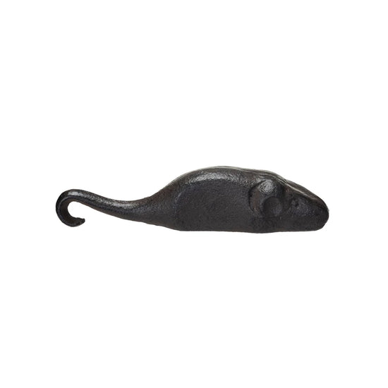 Cast iron mouse shaped bottle opener with a curled tail.