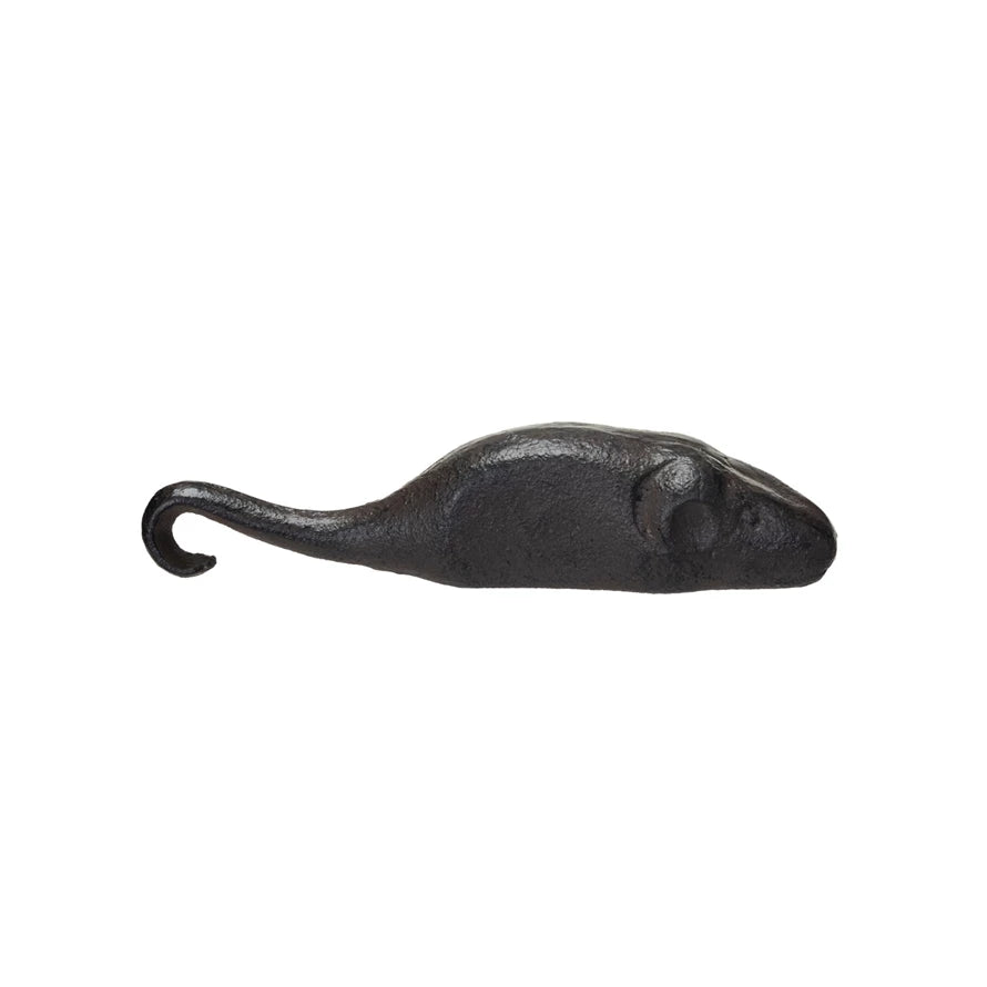 Cast iron mouse shaped bottle opener with a curled tail.