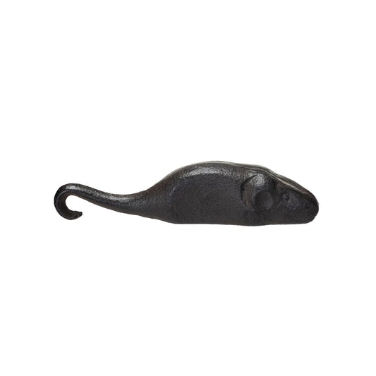 Cast iron mouse shaped bottle opener with a curled tail.