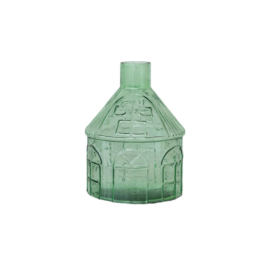 Pressed Glass House Shaped Vase, Light Green