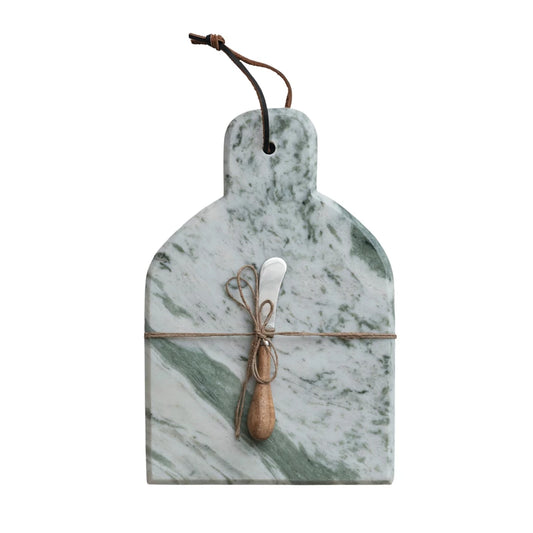 Marble cheese board with canapé knife with handle by Creative Co-Op, tied together with twine and leather loop.
