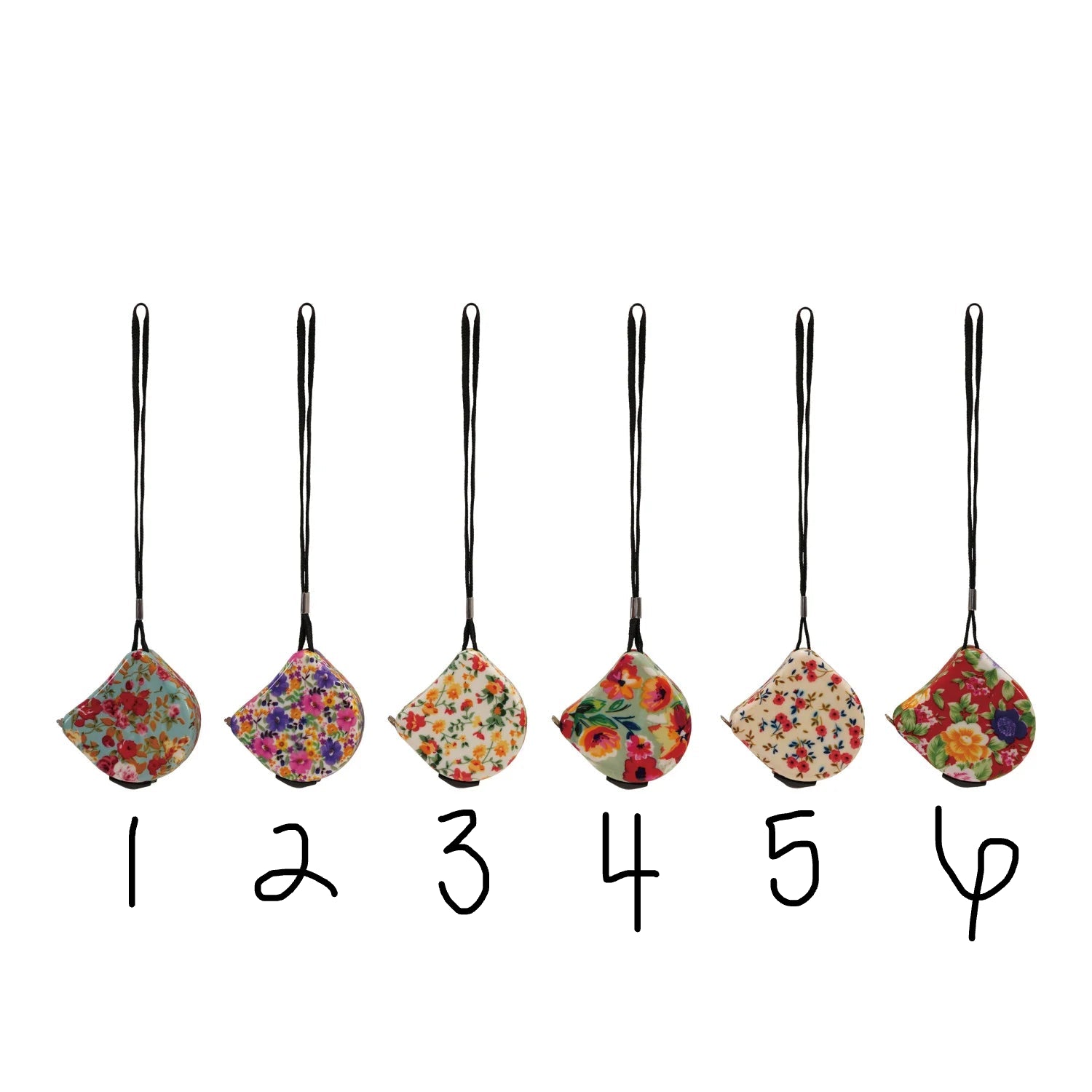 Set of six floral tape measures on a white background