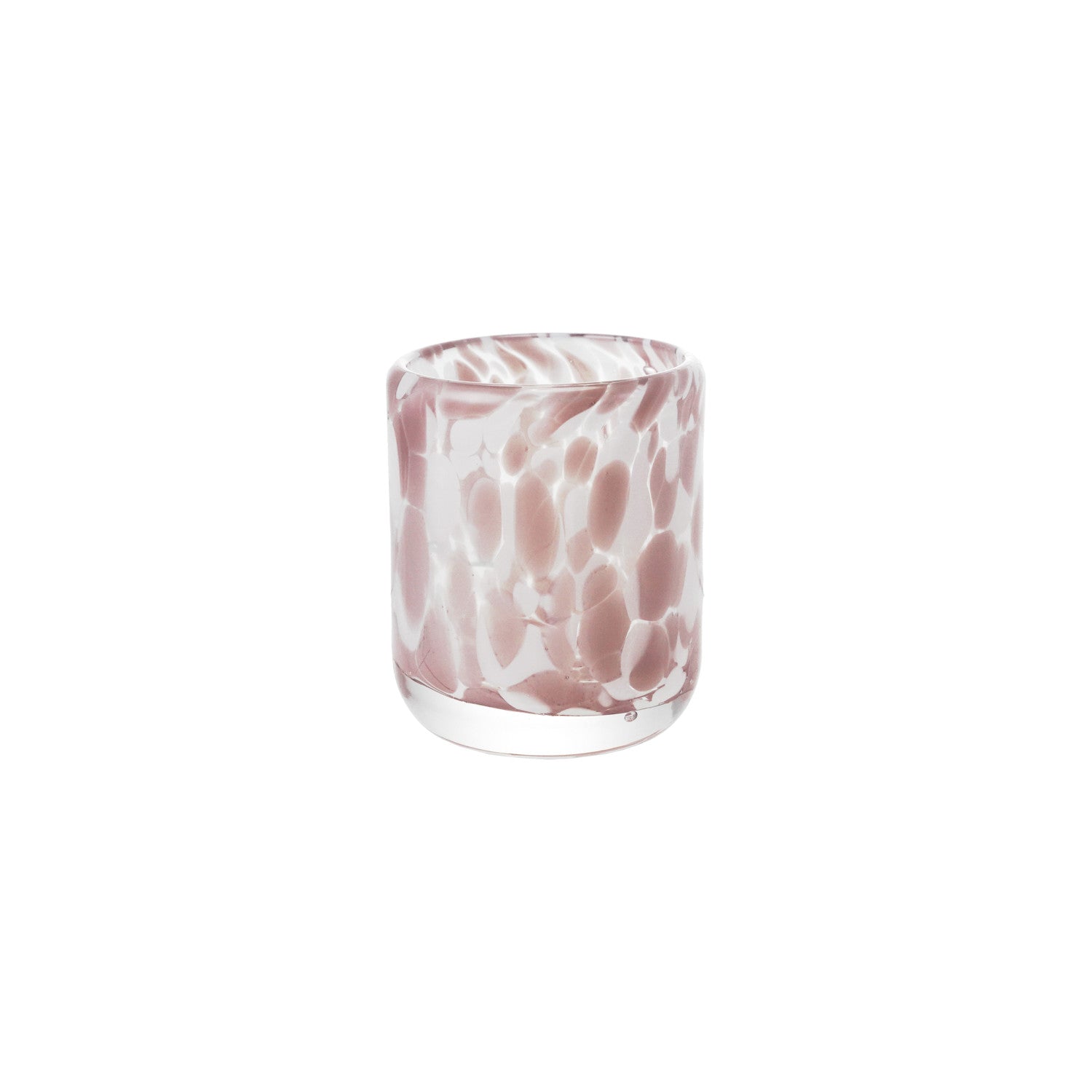 Glass with pink and white marbled pattern on a white background