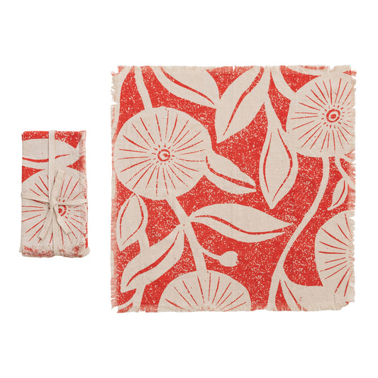 Cotton Printed Napkins w/ Floral Pattern & Fringe, Set of 4 Tied w/ Cotton Tape