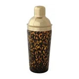 Tortoise shell cocktail shaker with confetti glass, with a gold lid.
