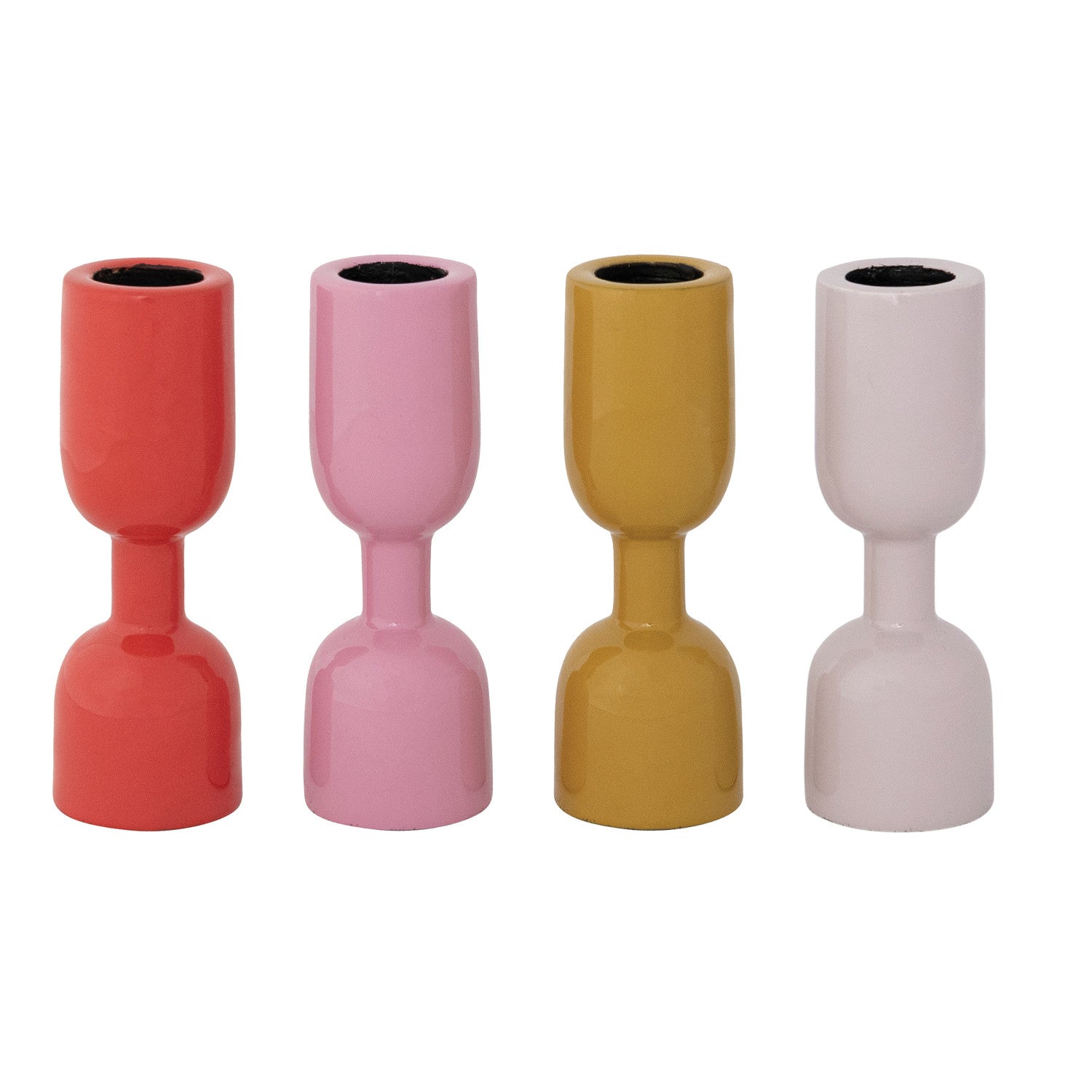 Four colorful enameled candle holders on a white background