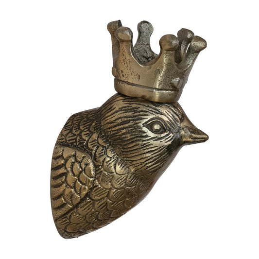 Cast aluminum bird with crown, in brass finish, with etched feather detailing.