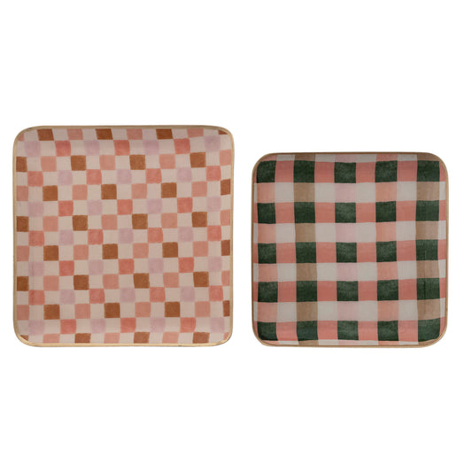 Enameled Metal Trays with Check/Plaid Patterns & Gold Edges, Set of 2