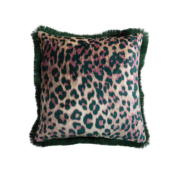 20" Square Cotton Velvet Pillow with Leopard Print Pattern & Tufted Fringe