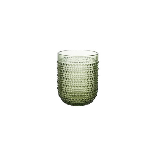 Green drinking glass with dots by {{VENDOR}} featuring a textured, rounded design.
